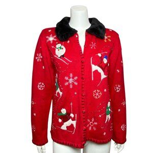 Vintage Beaded Christmas Cardigan Womens M Faux Fur Collar Designers Originals